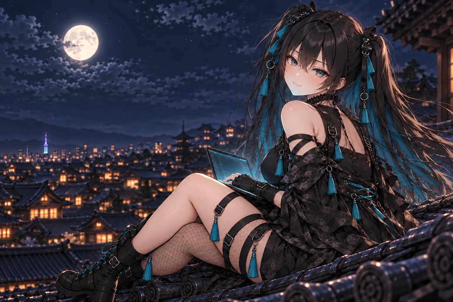 満月の夜、瓦屋根の棟に座ってノート PC を膝にのせ、肩越しにこちらを振り返って少し照れて笑う BECKY。