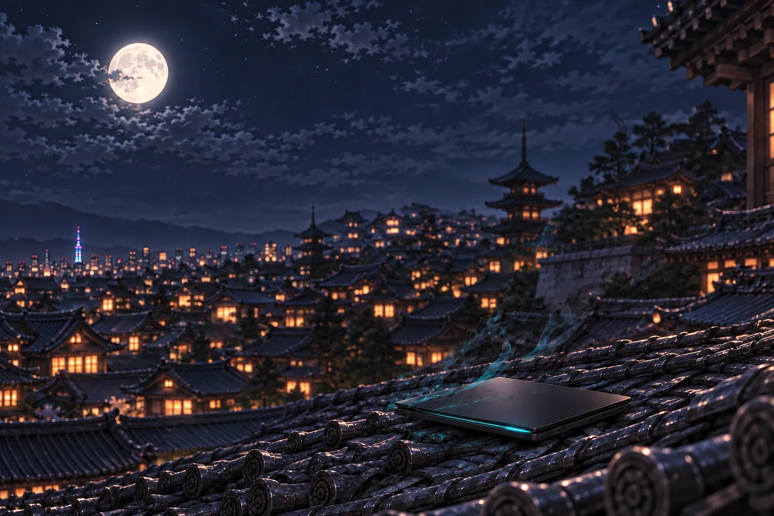 同じ満月の夜の瓦屋根。誰もいなくて、閉じたノート PC から細い光と煙がもれている。